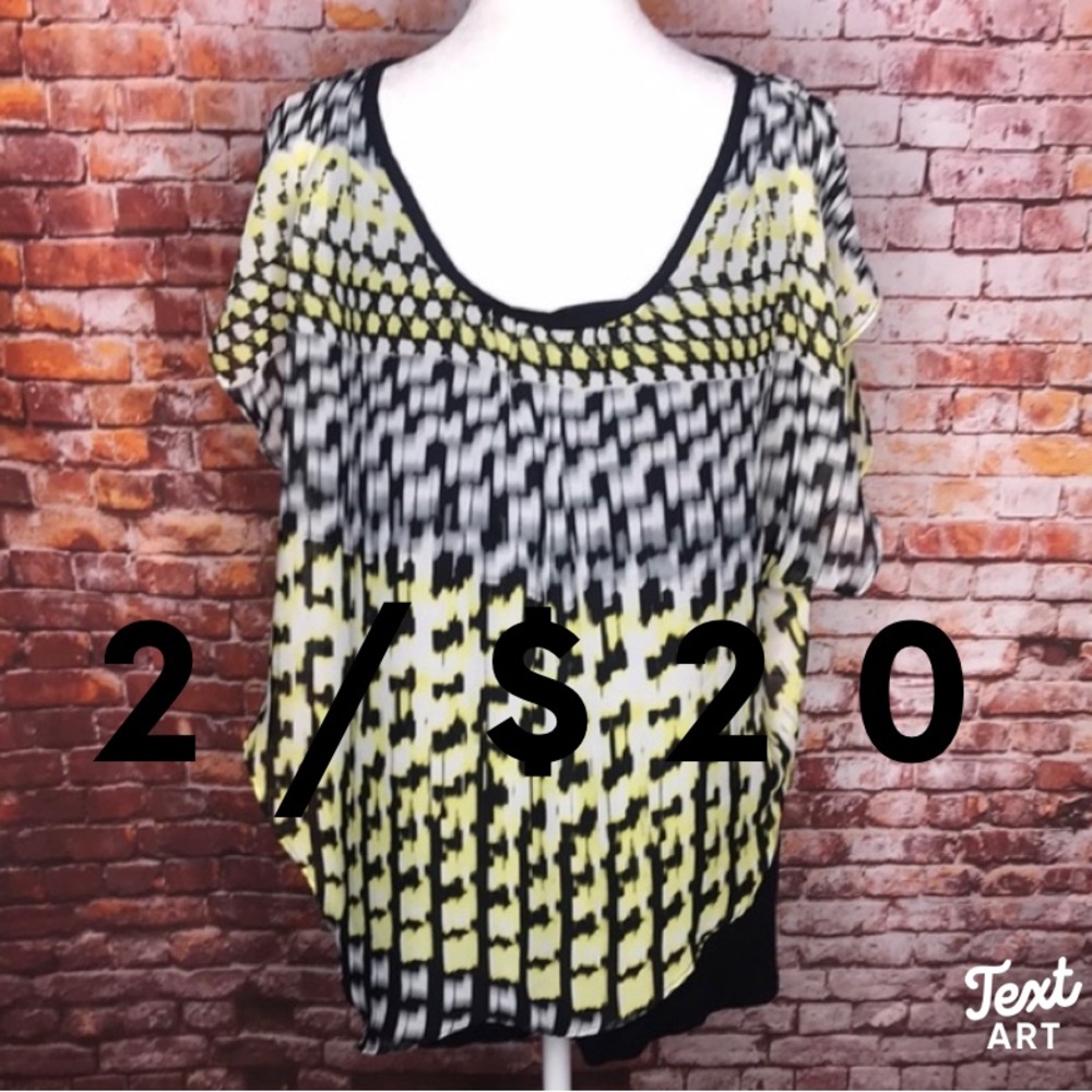 AB Studio Yellow Black and White Geometric Print Overlay Blouse